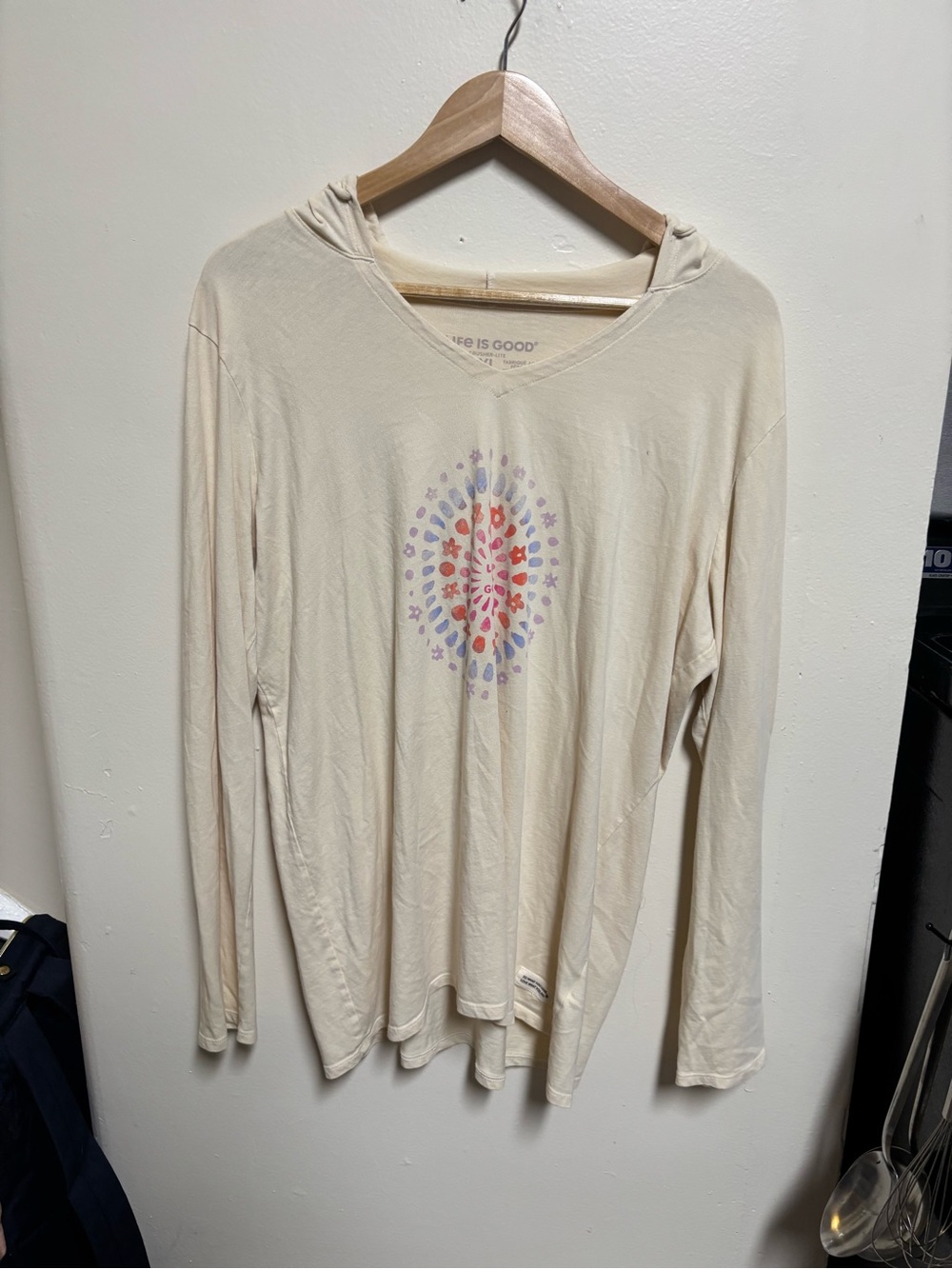 Life Is Good Cream Hooded Long-Sleeve Tee with Colorful Medallion